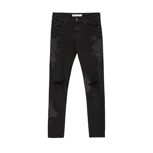 ZARA Midrise Skinny Jeans Denim Floral Ripped Detail Black Distressed Pants - Picture 2 of 6